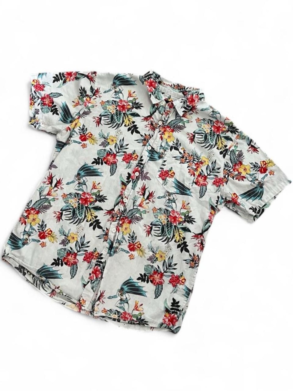 Men's batman Floral Button-Up Shirt - White with Red, Yellow, Green Flowers